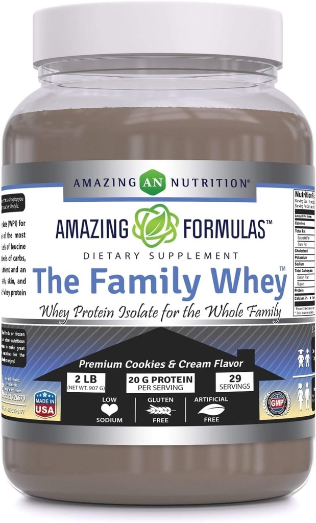 Amazing Formulas The Family Whey Protein (Isolate) Powder for The Whole Family - 2 λίβρες - Πιο Πλήρης & Καθαρή Μορφή Πρωτεΐνης - Χωρίς γλουτένη (Cookie & Cream)