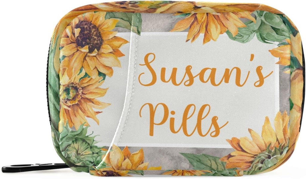 Özel Pill Box 7 Günlük Pill Case Bag Sunflower Personalized Name Travel Pill Organizer Bag with Surface Portable Weekly Case Compact Boyut for Vitamin Supplement Sahibi
