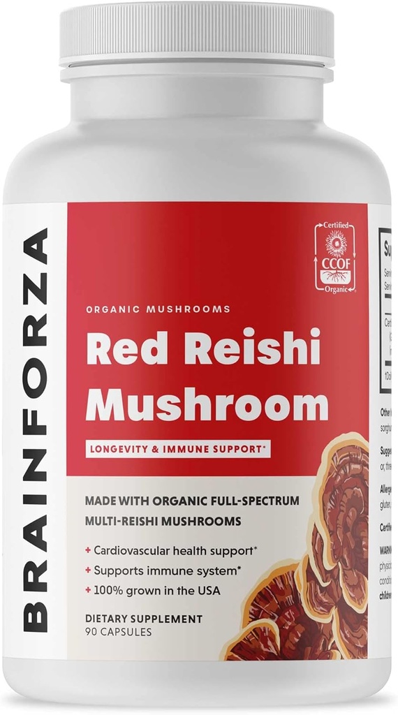 Beyin Forza Organik Red Reishi Mushroom Capsules, Adaptojenik Mushroom Powered Immune Support, Heart and Cardiovascular Health, General Wellness ve Vitality, Non-GMO, Vegan, Organik, 90 Capsules