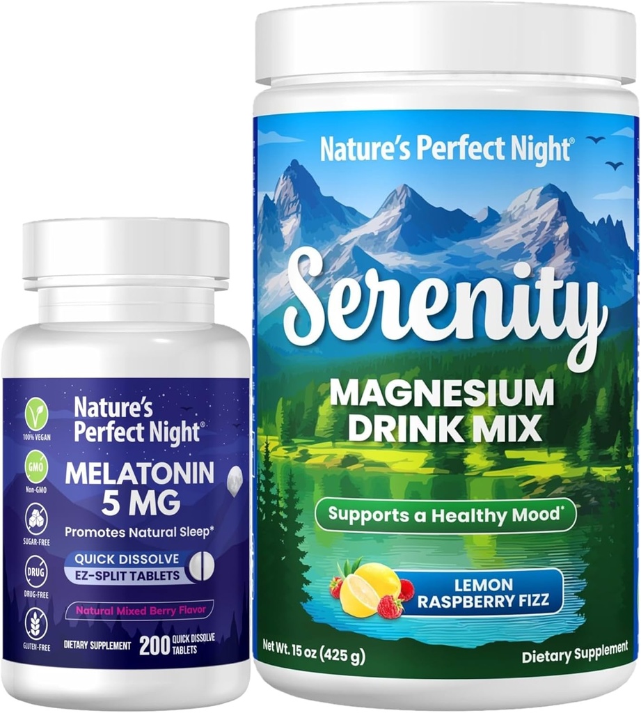 Nature's Perfect Night Melatonin 5 mg Quick Dissolve Karma Berry 200 Count with Serenity Magnezyum Toz 15 oz Lemon Raspberry
