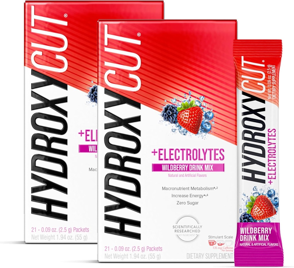 Hydroxycut Drink Mix, Wildberry Blast - 21 Travel-Size Packets, Pack of 2 - Zero Calories, Zero Sugar - Boost Metabolism, Burn Calories, Art - For Women & Men