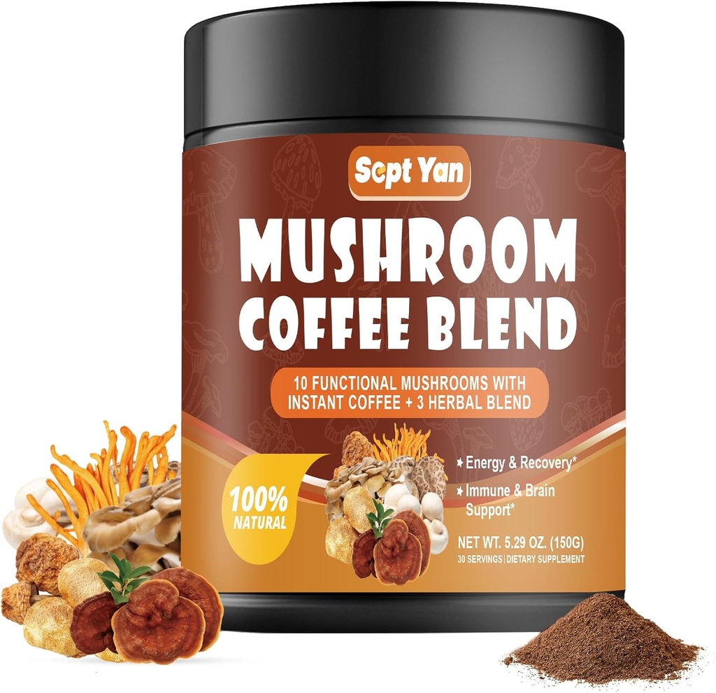 Mushroom Καφές με 10 μανιτάρια, Κολομβιανός Instant Coffee Powder με Lion's Mane, Reishi, Chaga, Cordyceps, Shiitake, Mitake, Turkey Tail - Mushroom Supplement for Energy, Focus, Immune Support
