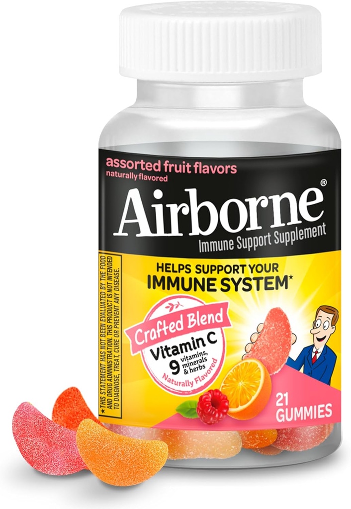 Airborne 750mg Βιταμίνη C Gummies Για Ενήλικες, Συμπλήρωμα Υποστήριξης Ανοσοποιητικών με Ισχυρές Αντιοξειδωτικές Βιταμίνες A C & E - 21 Gummies, Ποικιλία Γεύση Φρούτων