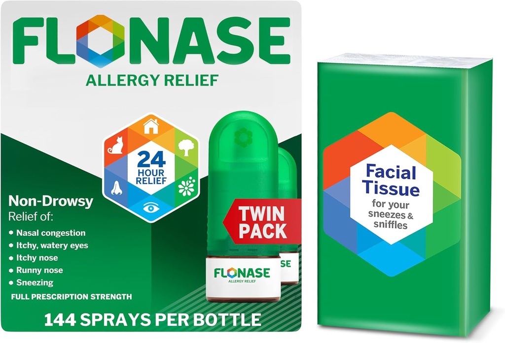 Flonase Antivirüs Relief Nasal Spray, 24 Saat Non-Drowsy Multi-Symptom Relief – 144 Spreys (Pack of 2) artı Bonus Pack of Tounds