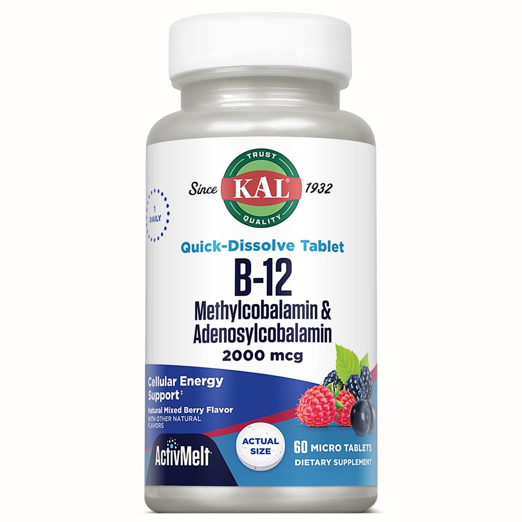 KALIP B12 Mecobalamin ve Adenosylcobalamin 2000 mcg ActivMelt, B12 Enerji Supplements, Metabolism, Nerve, Red Blood Cell Support, High Abxia, Natural Berry, 60 Serv, 60 Micro Tablets