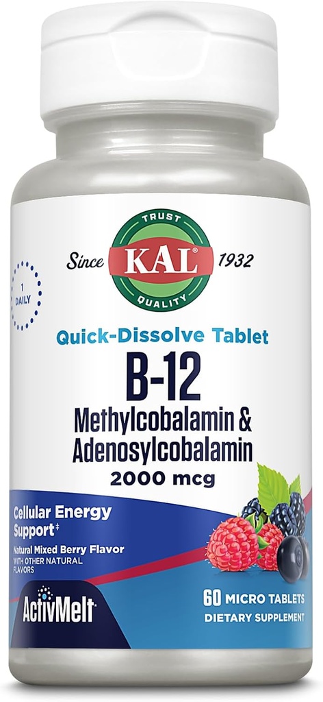 KALIP B12 Mecobalamin ve Adenosylcobalamin 2000 mcg ActivMelt, B12 Enerji Supplements, Metabolism, Nerve, Red Blood Cell Support, High Abxia, Natural Berry, 60 Serv, 60 Micro Tablets