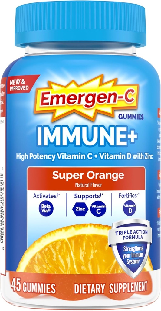 Emergen-C Immune+ Triple Action Immune Support Gummies, BetaVia (R), 1000 mg C, B Vitaminleri, Vitamin D ve Antioksis, Super Orange - 45 Count