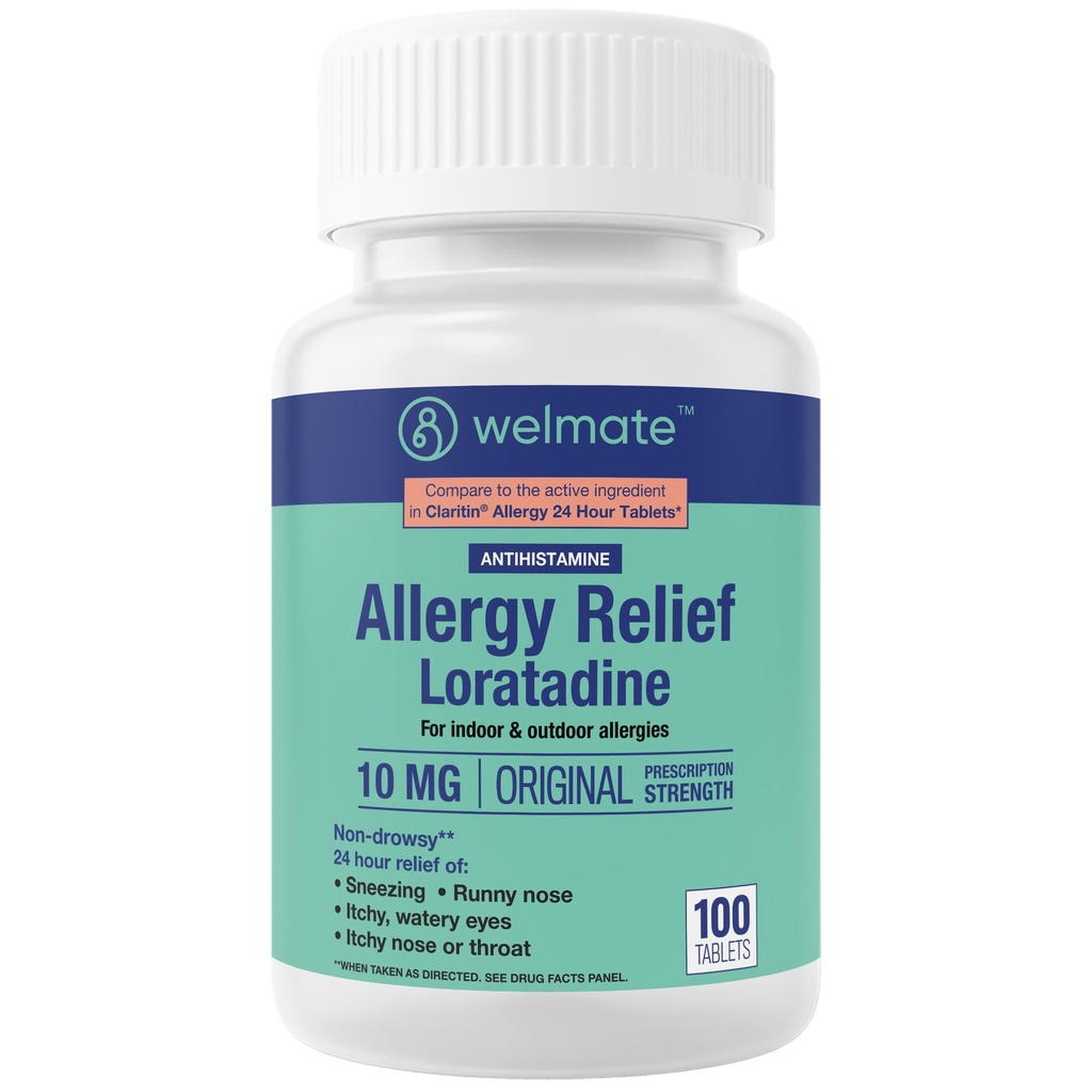 WELMATE - Antivirüs Yardımı - Loratadine 10 mg - 24 Saat Yardım Antihistamin - Drowsy - Runny Nose - Sneezing - Itchy Nose & Throat - Watery Eyes - Kapalı & Açık Alerjiler - 100 Kont