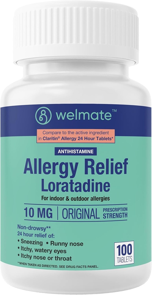 WELMATE - Antivirüs Yardımı - Loratadine 10 mg - 24 Saat Yardım Antihistamin - Drowsy - Runny Nose - Sneezing - Itchy Nose & Throat - Watery Eyes - Kapalı & Açık Alerjiler - 100 Kont