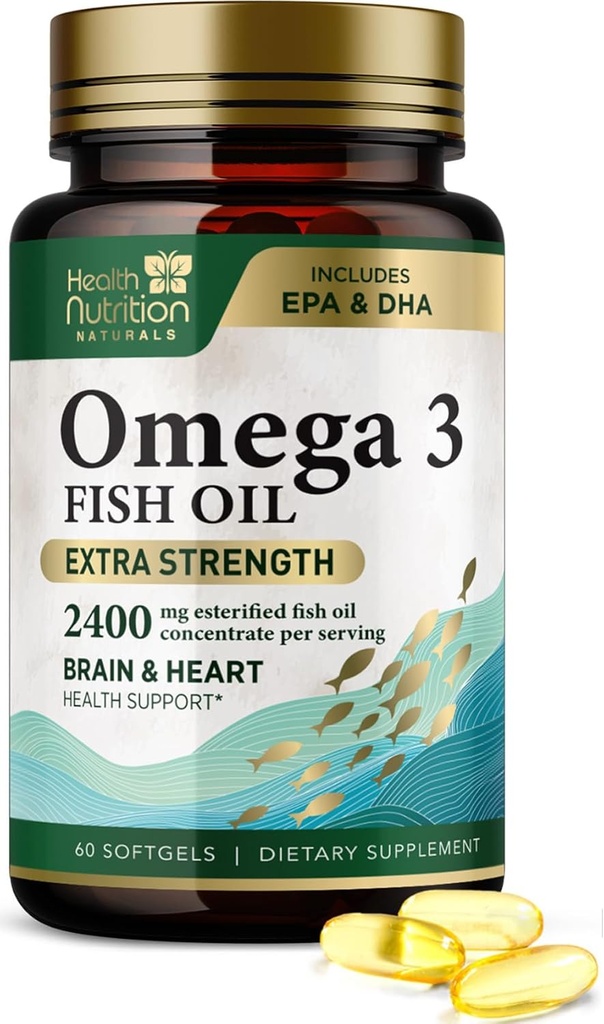 Omega 3 Fish Oil 2400 mg - Triple Strength Omega-3 Supplements - Natural Brain Heart Health & Immune Support - Fatty Acids with EPA & DHA - Wild Caught Purified Fish Oil Supplement - 60 Softgels