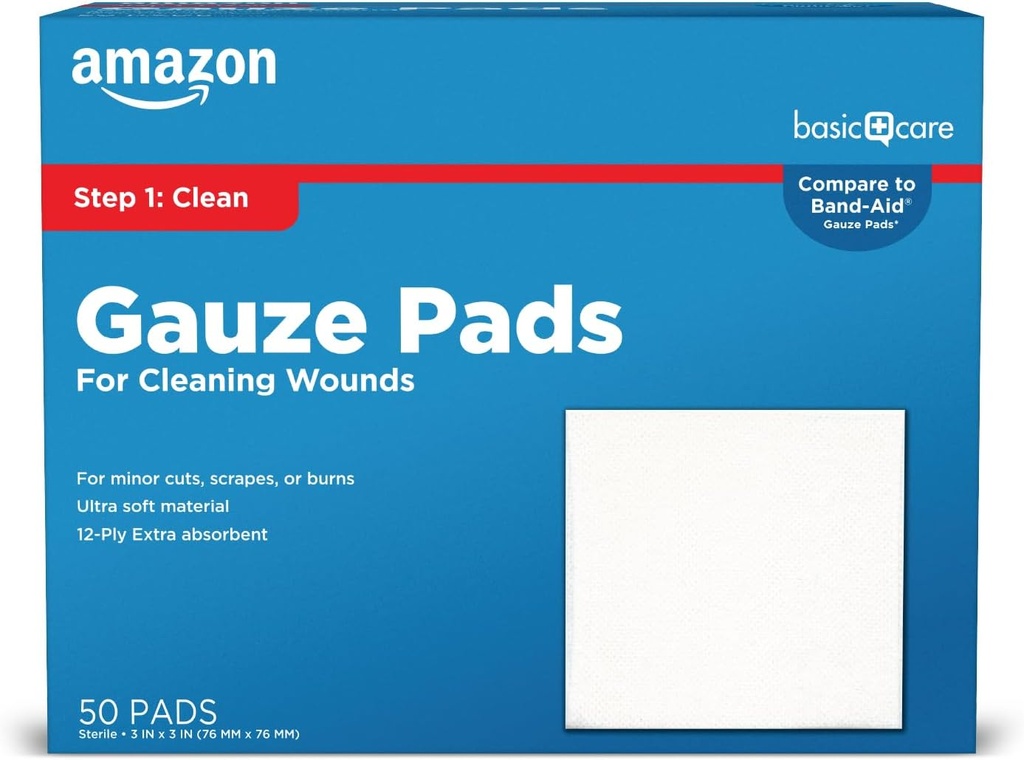 Temel Bakım Gauze Pads, 3x3 inç Sterile Tıbbi Yara, Duş ve Az Injuries, 50 (Polonya Tüm Sağlık)
