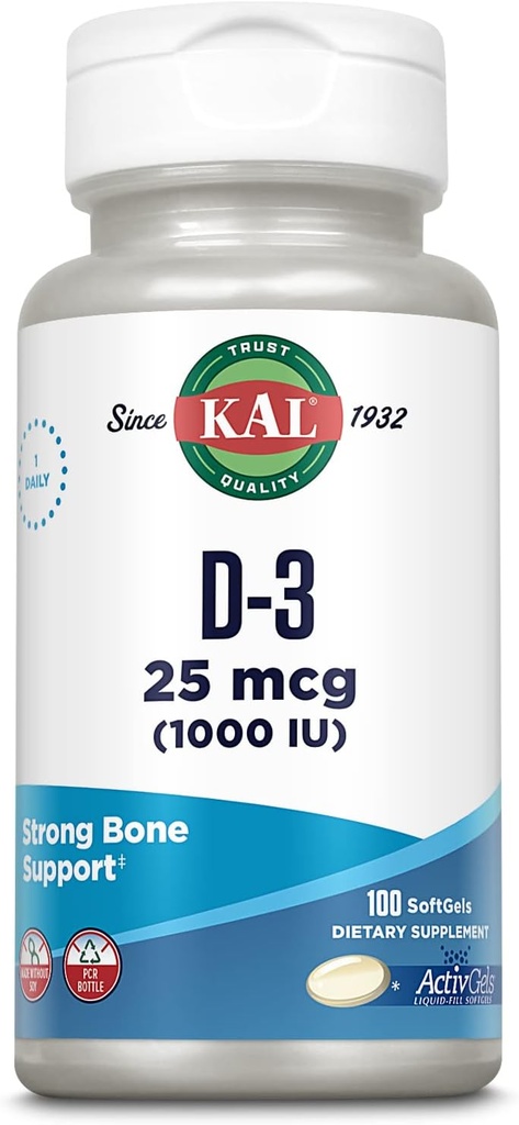 KAL Vitamin D3 1000 IU Softgels (25 mcg), Active Form of Vitamin D, Calcium Absorption, Bone Health, Immune Support Supplement, Liquid Filled ActivGel, Made Without Soy, 100 Servings, 100 Softgels