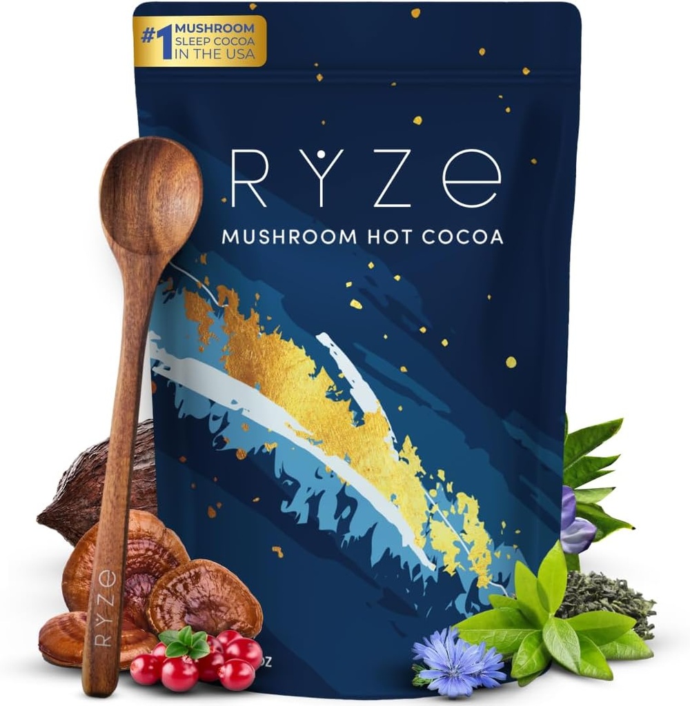 RYZE SUPERFOODS Mushroom Hot Cocoa Melatonin συμπλήρωμα ύπνου, Keto Cocoa σκόνη με Reishi Mushroom, μελατονίνη, Γλυκίνη, Cacao, L-Θεανίνη, Chicory για να βοηθήσει την πτώση του ύπνου και να μείνετε κοιμισμένοι, 20 εξυπηρετούν