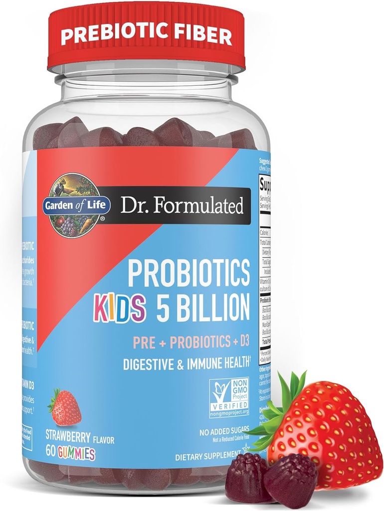 Yaşam Bahçesi Dr Formula 5 Milyar CFU Prebiyotik Fiber, Probiyotik ve Vitamin D3 Çocuklar için Gummies Digestive & Immune Health – Gluten Free, Non GMO, No Ek Olmayan Şekerler, Strawberry Flavor, 60 Gummies