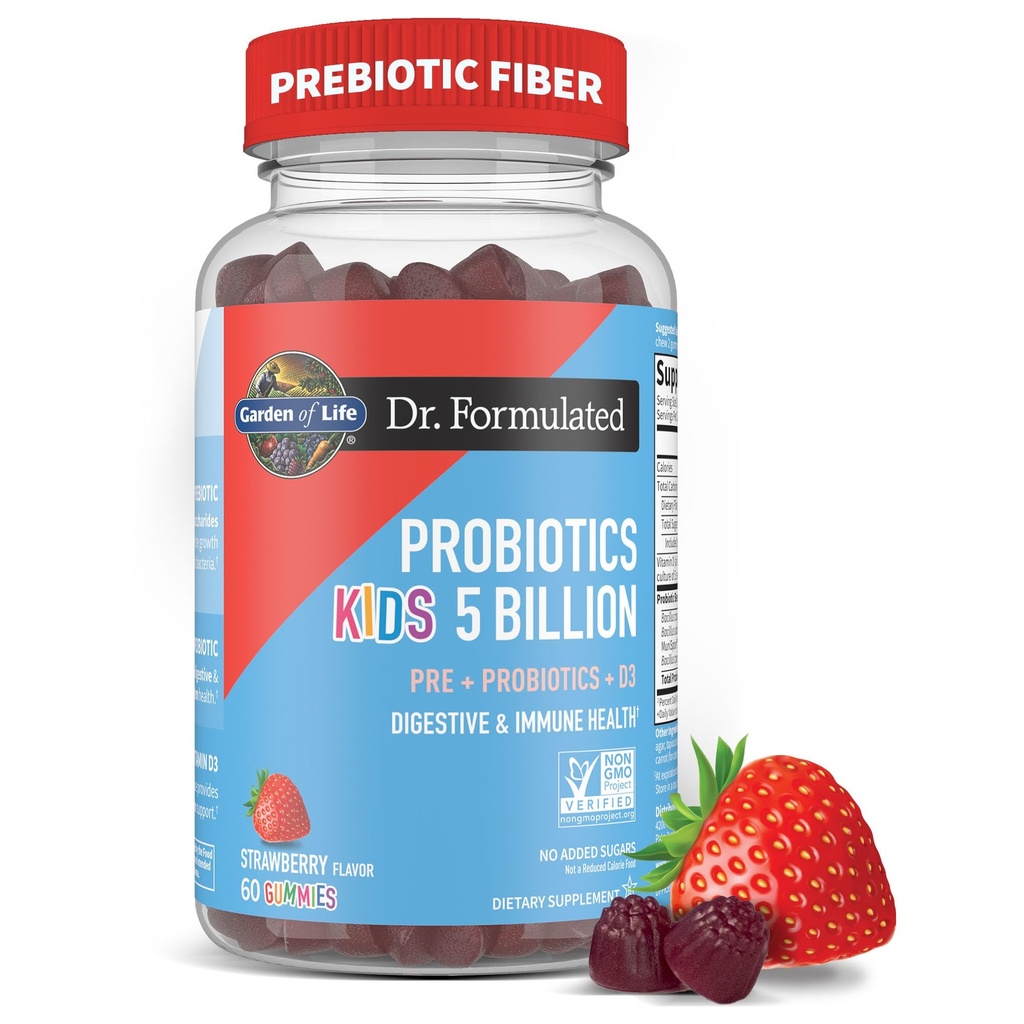 Yaşam Bahçesi Dr Formula 5 Milyar CFU Prebiyotik Fiber, Probiyotik ve Vitamin D3 Çocuklar için Gummies Digestive & Immune Health – Gluten Free, Non GMO, No Ek Olmayan Şekerler, Strawberry Flavor, 60 Gummies
