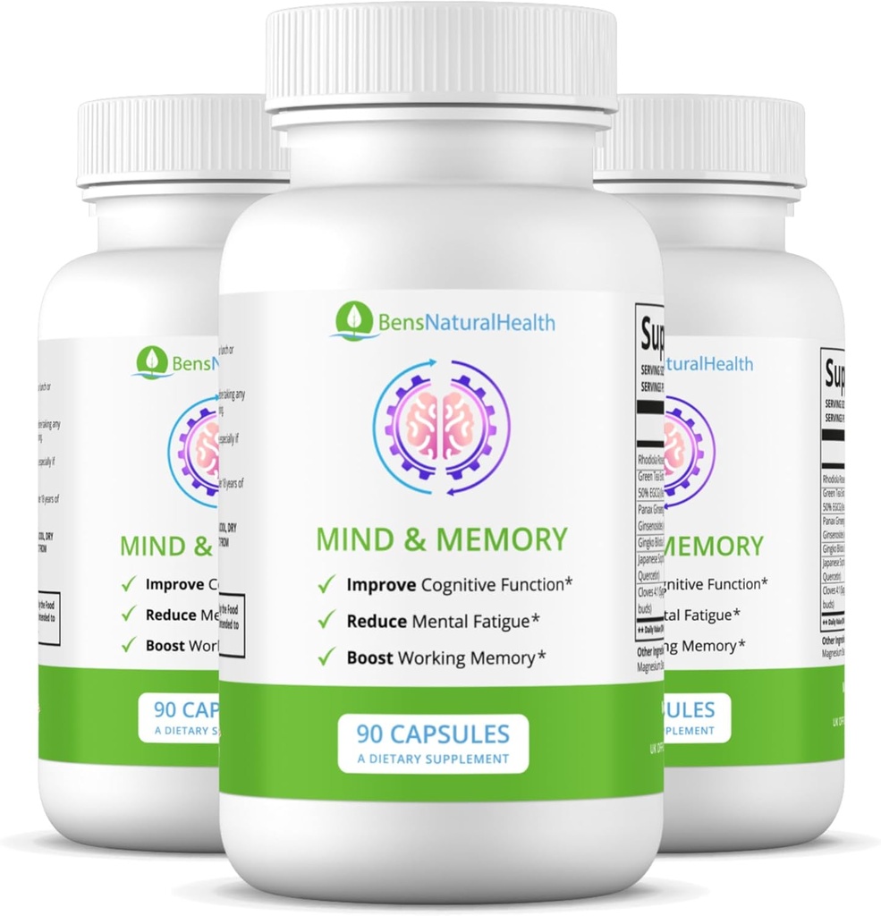 Ben Natural Health Mind & Memory Supplement, Nootropic Brain Support with Rhodiola, Green Tea, Cloves & Quercetin, 90 Capsules, 3 Pack