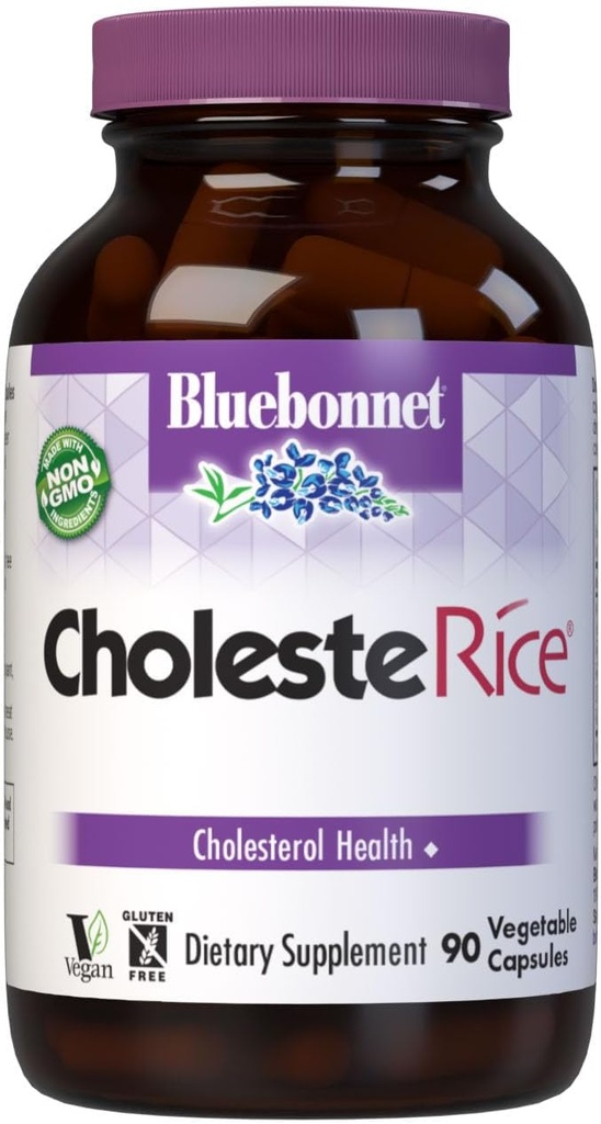 Bluebonnet Beslenme CholesteRice Sebze Capsules, Red Yeast Rice, Plant Sterols, Pantethine, CoQ10, Policosanol, Vegan, Vegetarian, Non GMO, Gluten Free, Milk Free, SOY-FREE, 90 Sebze Capsules