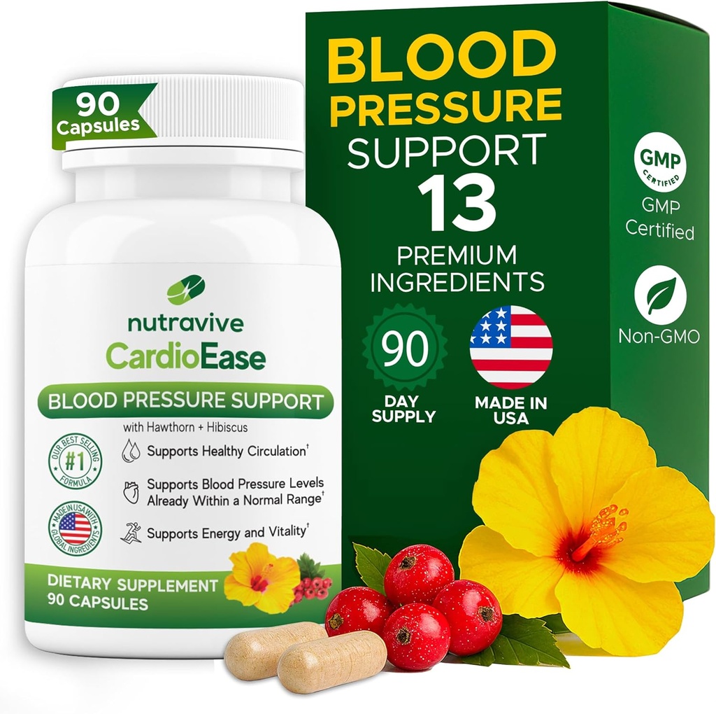 Nutravive Blood Printing Support Supplement – Natural Heart & Circulation Support with Hawthorn, Olive, Olive Leaf, Hibiscus & B12 – ABD Made, GMP Tesis - 90 Capsules