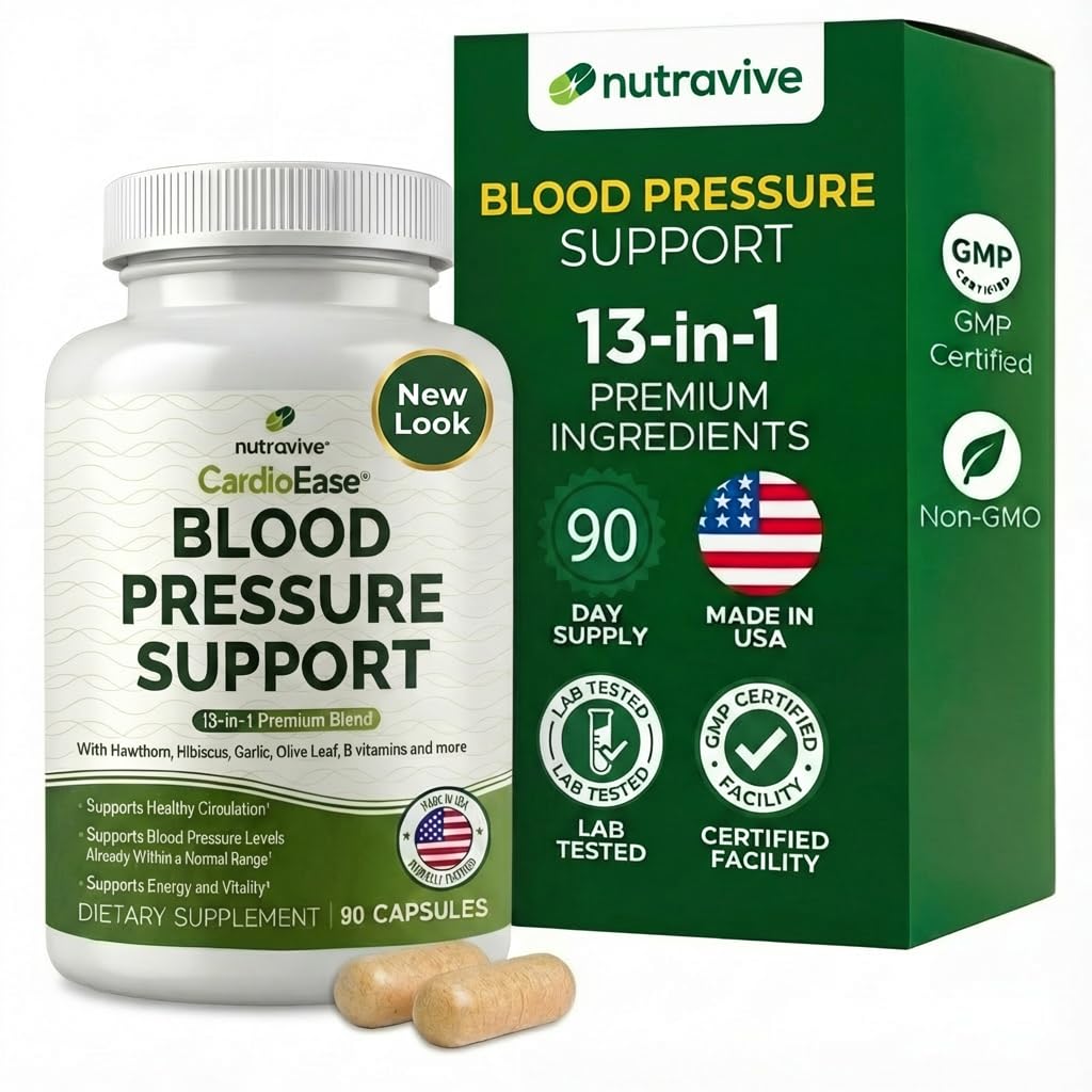 Nutravive Blood Printing Support Supplement – Natural Heart & Circulation Support with Hawthorn, Olive, Olive Leaf, Hibiscus & B12 – ABD Made, GMP Tesis - 90 Capsules