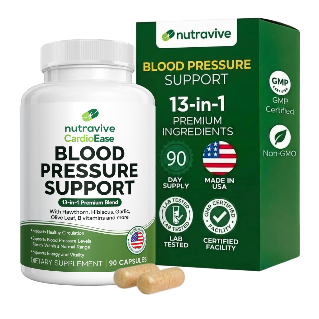 Nutravive Blood Printing Support Supplement – Natural Heart & Circulation Support with Hawthorn, Olive, Olive Leaf, Hibiscus & B12 – ABD Made, GMP Tesis - 90 Capsules