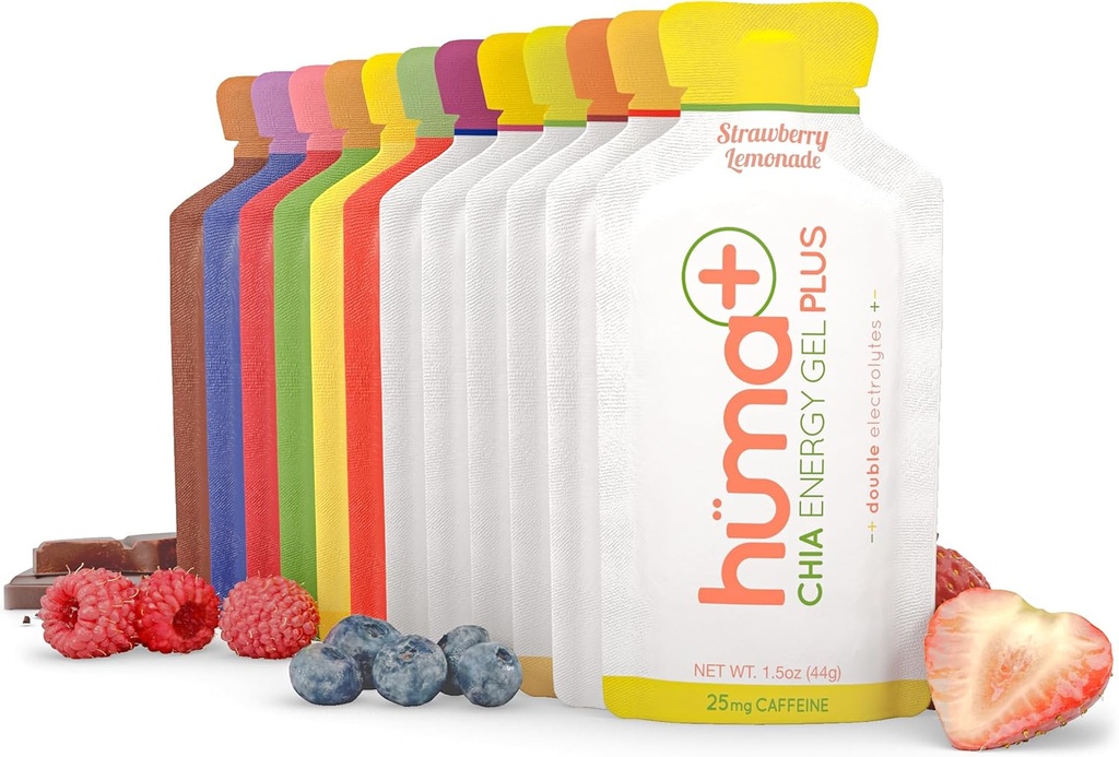 Huma Plus (Double Electrolytes) - Chia Energy Gel, Variety Pack - Stomach Friendly, Real Food Energy Gels (12 Original and 12 Plus Gels)