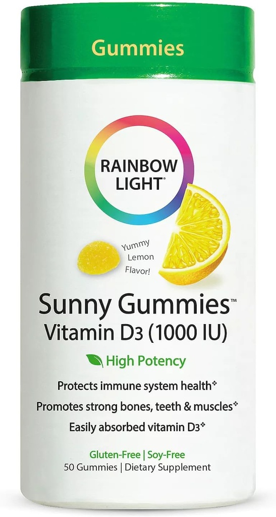 Rainbow Light - Sunny Gummies D3 1000 IU, Sağlıklı Kemikler, Kaslar ve Bir Aile-Friendly Chewable in L3, Soy-Free, Gluten-Free, Sour Lemon, 50 Gummy Drops