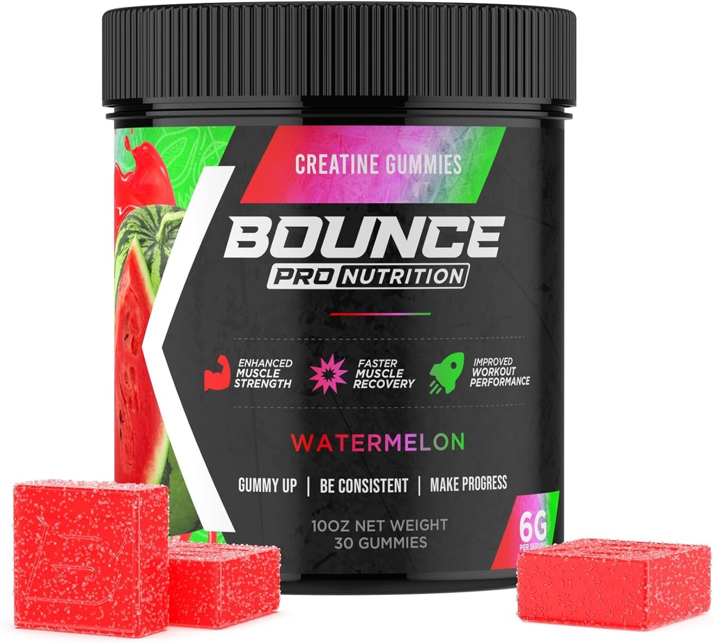 Bounce Pro Kretine Monohidrat Gummies for Men & Women, Low Calorie, 6G of Kretine per Service, Vegan, Anti-Melting, Gluten-Free, Non-GMO, 2g of Tinatine per Gummy (30ct, Watermelon)