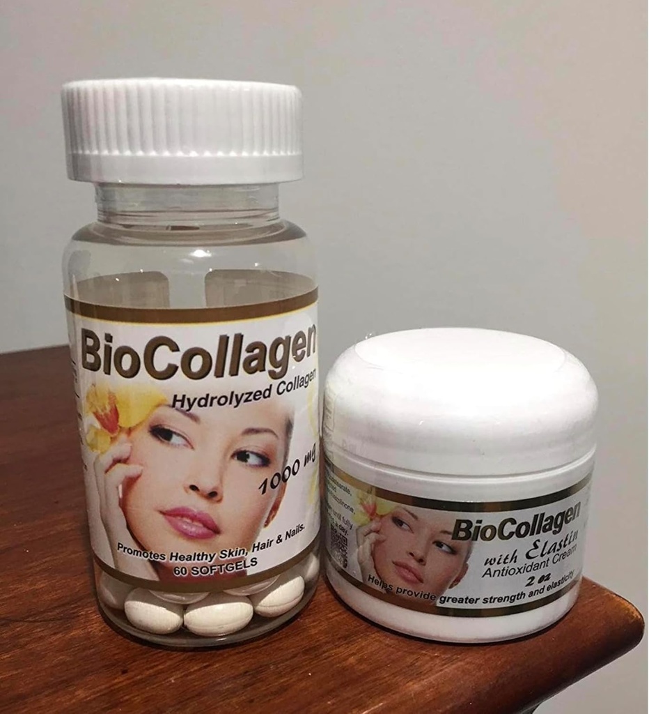 Set Bio Collagen Hydrolyzed Collagen softgels (1000 mg) & BioCollagen with Elastin Antioxidant Cream 2 oz (Promotes Healthy Skin Hair and Nails). Pack 2 Cream and Capsules