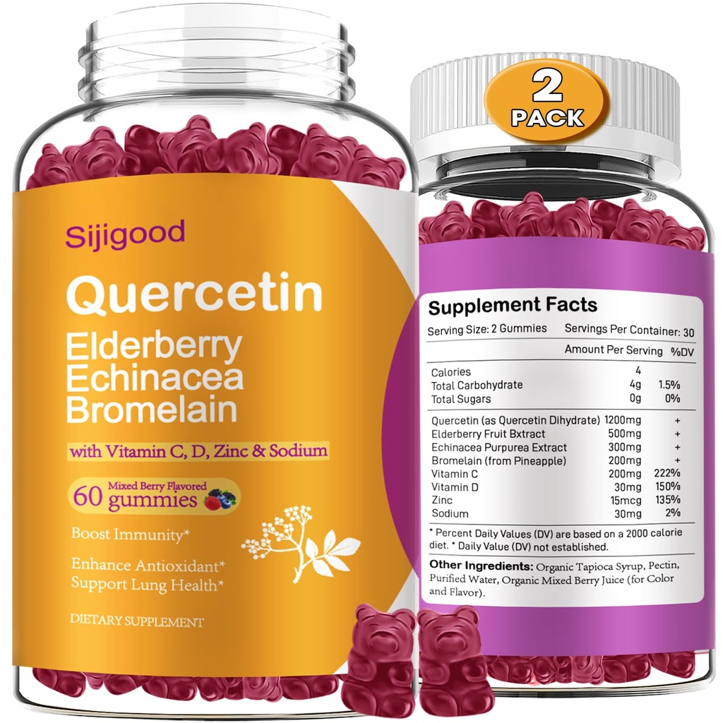 2 Packs Quercetin with Bromelain Gummies, Elderberry, Echinacea, C D çinko - Immune System Support 120s Pure Quercetin Supplements Gummies for Kids & Yetişkinler