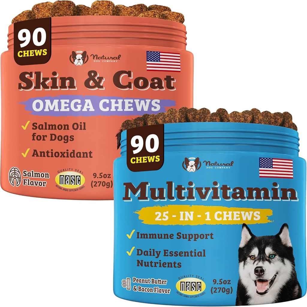 Natural Dog Company Multivitamin Supplement Chews + Skin & Coat Supplement Chews for Dogs - Sağlıklı Skin, Shiny Coat, Ortak Destek ve Immune System Boost
