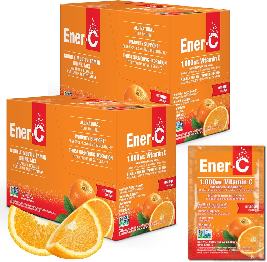 Ener-C - Βιταμίνη C Ανοσολογική Υποστήριξη, 1000mg Βιταμίνη C Αναβράζοντα Πολυβιταμινικό Ποτό Σκόνη, Χυμός Φρούτων Βιταμίνη C Ποτό Μίγμα για Ενυδάτωση με Ηλεκτρολύτες, Πορτοκαλί, 60 Πακέτα (2-Pack)