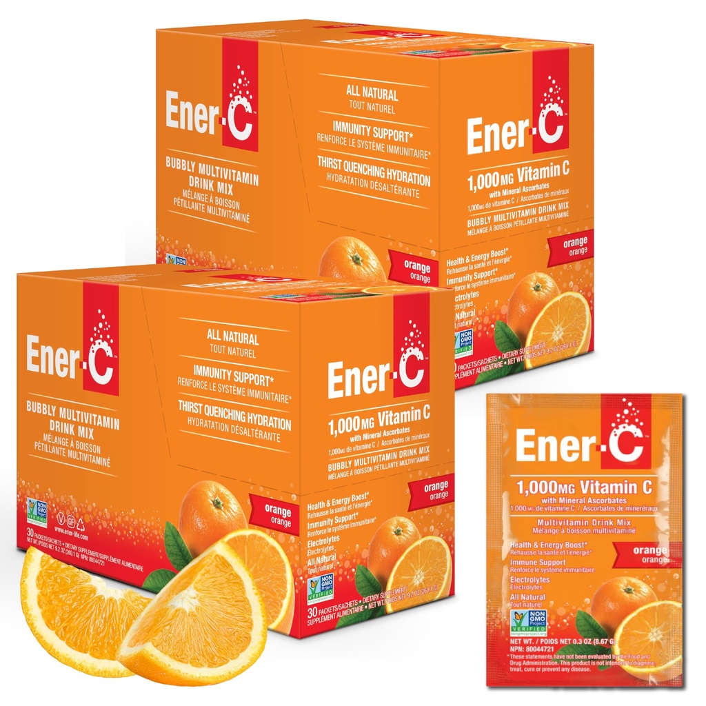 Ener-C - Vitamin C Immune Support, 1000 mg Vitamin C Effervescent Multivitamin İçecek Toz, Meyve Suyu Vitamini C İçgörüleri, Orange, 60 Packets (2-Pack)