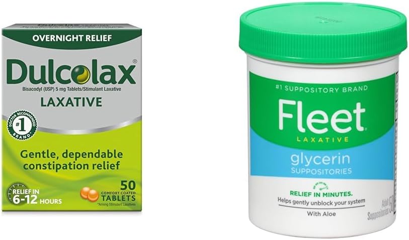 Dulcolax Overnight Relief Laxative for Gentle Constipation Relief, Bisacodyl 5 mg Tablet, 50 Kont & Filo Laxative Glycerin Suppositories for Adult Constipation, Adult Laxative Jar Aloe, 50 Ctt