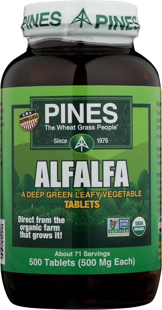 Pines Alfalfa Tabletleri, Orijinal Yeşil Superfood, USDA Organik, Gluten Free & Non-GMO, 500 mg Her, 500 Tablet