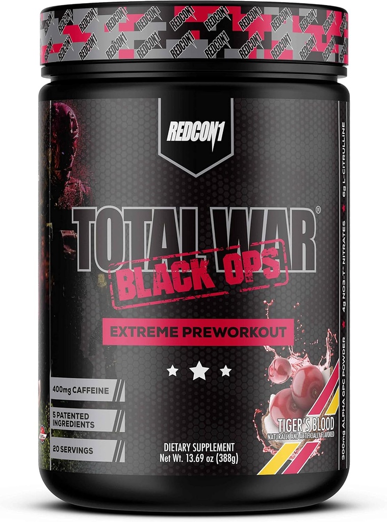 REDCON1 Σύνολο Πολέμου Black Ops Extreme Preworkout Powder, Τίγρεις Αίμα, Υψηλό διεγερτικό, 400 mg καφεΐνη, NO3-T Νιτρικά + L-Citrulline, Αύξηση της ροής του αίματος, Μυϊκές Αντλίες (20 εξυπηρετήσεις)