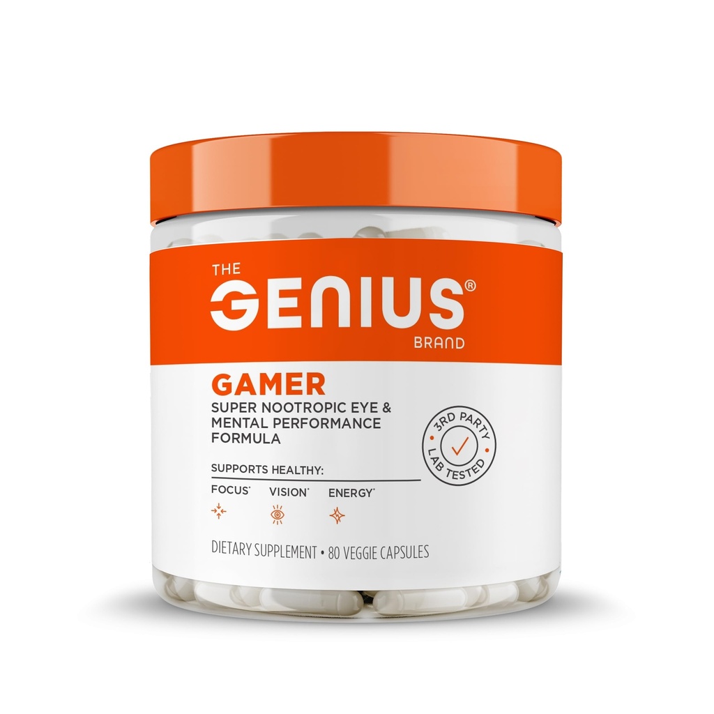 Genius Gamer, συμπλήρωμα εστίασης παιχνιδιών, 80 χάπια - Elite Nootropic Performance Booster - Boost Brain & Mental Clarity, Reaction Time & Recentration - Blue Light Support with Lutemax