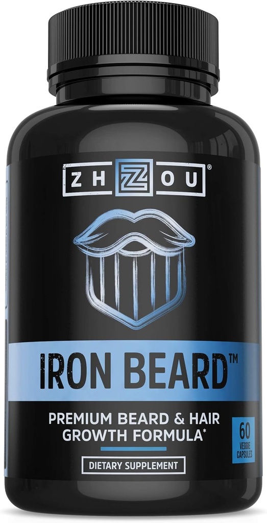 Zhou Iron Beard - Ayıd Büyüme Vitaminleri Erkekler, Premium Biotin, Saw Palmetto & B Vitamin Pills Yüz Saçı Desteklemek için, Ayıd Care Supplement for Full Beard - 60 Veggie Capsules