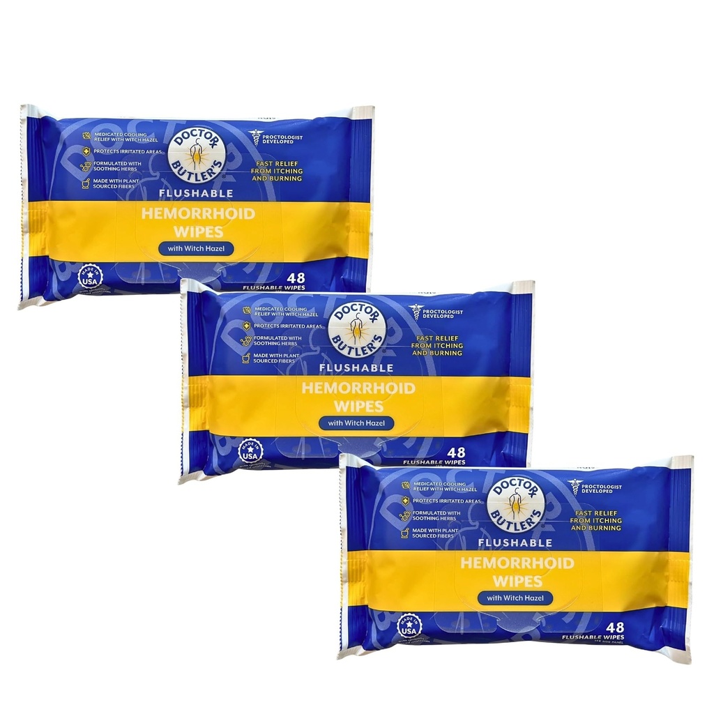 Doktor Butler'in Flushable Hemorrhoid Wipes – Flushable Wipes with Witch Hazel to Soothe and Bring Relief from Discomfort Associated with Hemorrhoids (3 Pack - 48 Count)