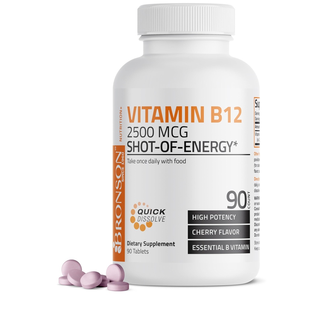 Vitamin B12 2500mcg Shot Of Energy Fast Dissolve Chewable Tablets - Quick Release Cherry Flavored Sublingual B12 Vitamin - Supports Nervous System, Healthy Brain Function Energy Production – 90 Count