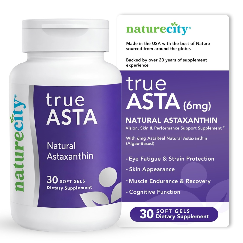 NatureCity TrueAsta 6 mg Astaxanthin Supplement with AstaReal | Supports Eye, Skin, Commons, Muscles, Brain & Blood Flow | Algae Based Antioxy Supplement | Non-GMO, Gluten Free | 30 Soft Gels