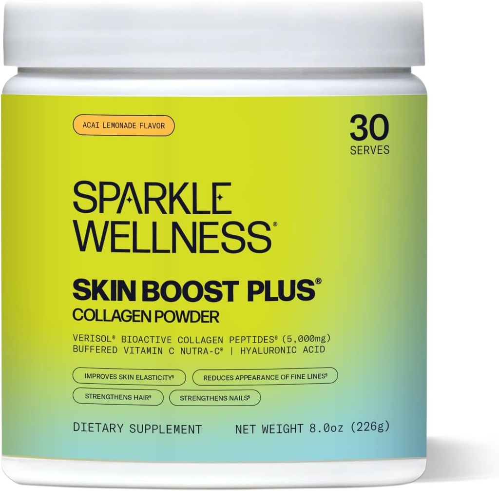Sparkle Wellness VERISOL Bioaktif Hydrolyzed Collagen Peptides | C & Hyaluronic Acid for Hair, Skin, and Nail Health | Skin Boost Plus (Acai Lemonade) [30-Serves]