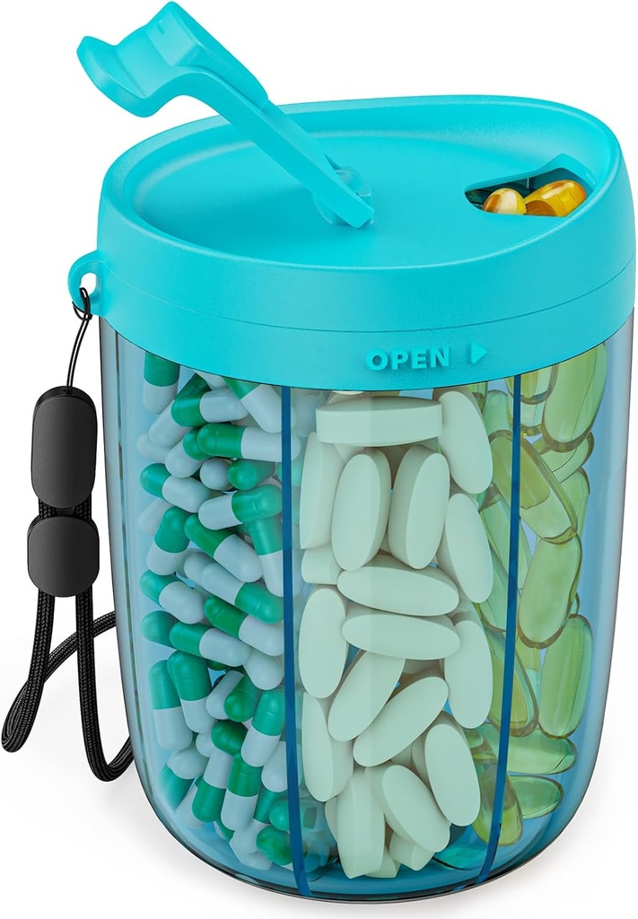 PULIV Büyük Pill Şişe Organizer, Holding 6 Çeşitli Vitaminler, Pill Box Case with Anti-Mixing & Wide Open Design, Easy to Meds and 20 Adet Stick-on Etiketler, Blue