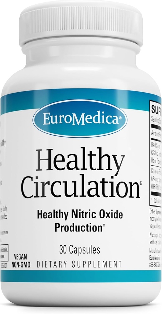 EuroMedica Health Circulation - Diyetary Supplement for Health Circulation Support - Sağlıklı Kan Akış & Kalp Fonksiyonlu Yardım - Non-GMO & Vegan Capsules - 30 Capsules (30 hizmet)