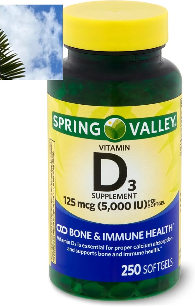 Spring Valley Vitamin D3 Softgels, Softgel başına 125 mcg, 5.000 IU, 250 Count