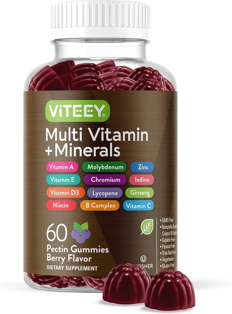 Multivitamin Gummies Vitamins for Adults & Teens - Immune Support Gummies - 12 Daily Vitamins & Minerals with Vitamin C, D3, E, A, Zinc & More - Vegetarian, Gluten Free - Chewable Berry Flavored Gummy