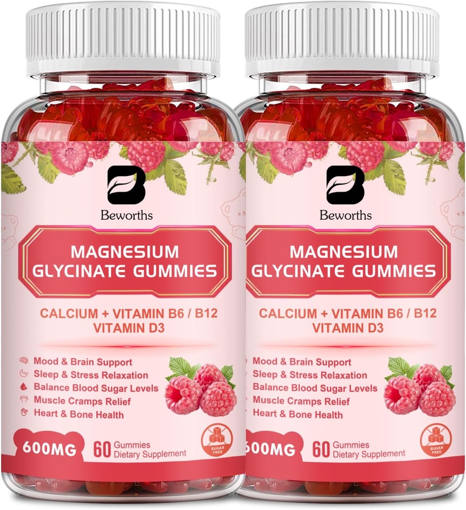 (2 Pack) 600 Mg Magnezyum Glycinate Gummies Magnezyum, Tamam Kompleks Mala Magnezyumte, Magnezyum Citrate & Pyum, Supports Night & Joint, Energy Boost, Vegan & 0-Sugar, Raspberry 120 Count