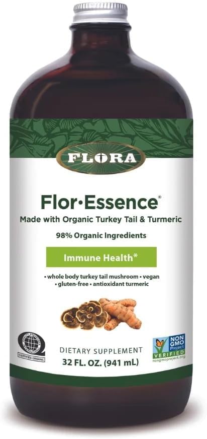 Flora Health Flor-Essence with Turkey Tail & Turmeric, Rich in Polysaccharides, 35+ Phenolics with Antioksis and Immunity Support, 32-fl. oz. Şişe cam şişe