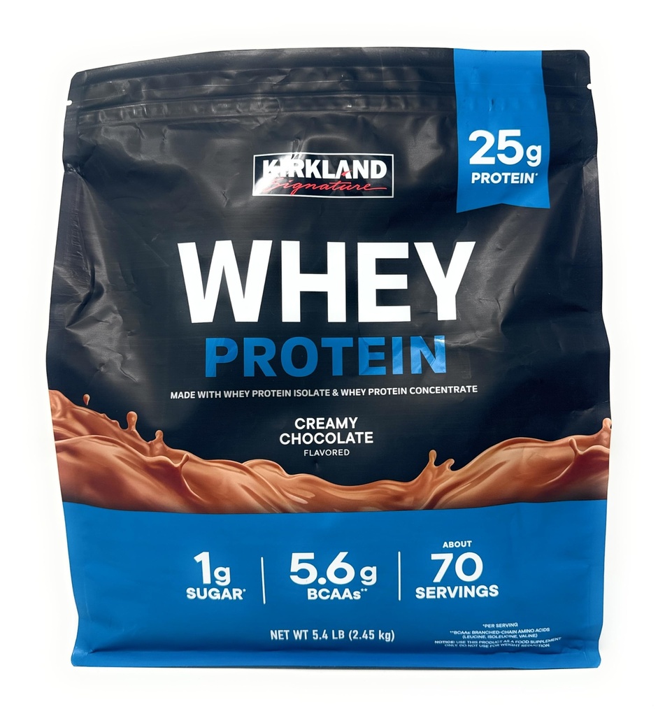 Kirkland Υπογραφή Whey 25g πρωτεΐνη, 1g ζάχαρη,5.6g BCAAs, περίπου 70 σερβιρίσματα κρεμώδη σοκολάτα αρωματισμένη