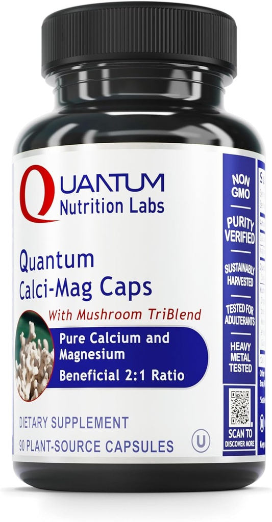 Quantum Nutrition Labs Calci-Mag Caps - Calcium Magnesium Supplement, Calcium Supplement, Pure Magnesium & Mushroom Complex with Reishi & Lions Mane - 300 Vegetarian Capsules
