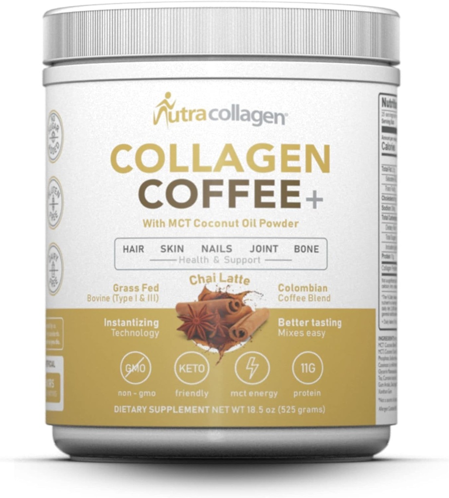 NUTRACOLLAGEN Protein Tozu Premium Columbian Kahve ile bir araya geldi; Grass-Fed, GMO, 12g,, MCT Coconut Oil Toz, Soy Free, Gluten Free, Sugar Free, 40 mg Caff/Srving; Chai Latte 25 Srvgg